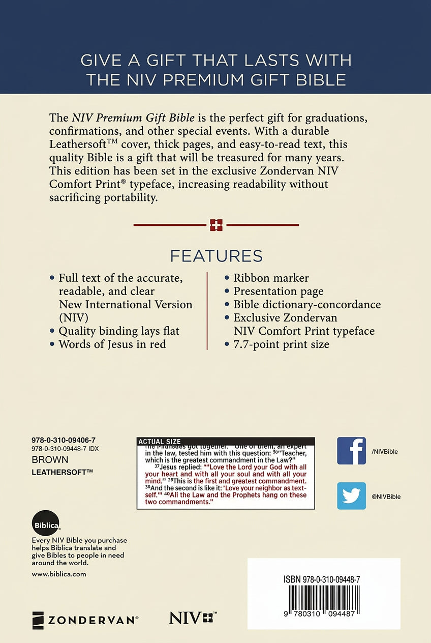 NIV, Premium Gift Bible, Leathersoft Brown, Red Letter, Thumb Indexed back cover image