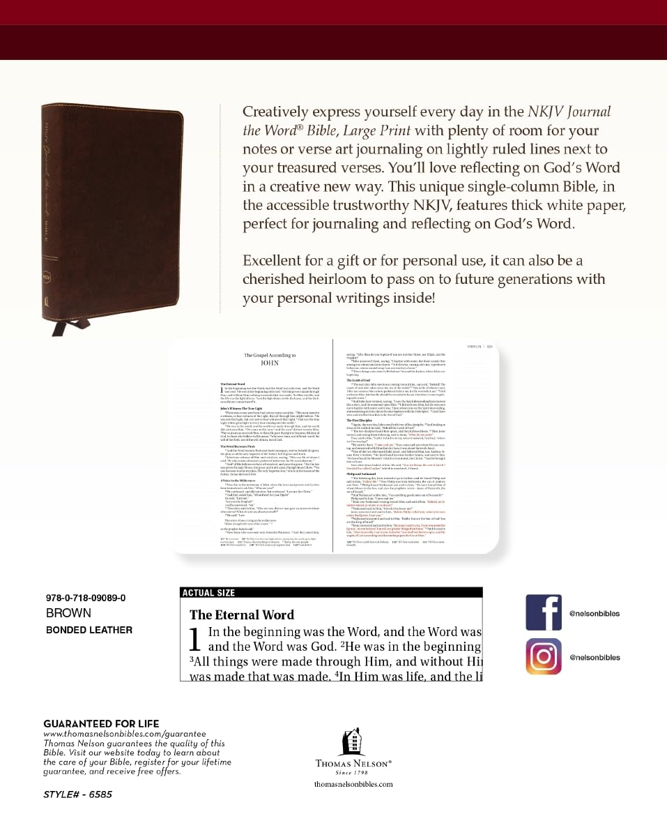NKJV, Journal the Word Bible, Large Print, Bonded Leather, Brown, Red Letter Edition: Wide Margin