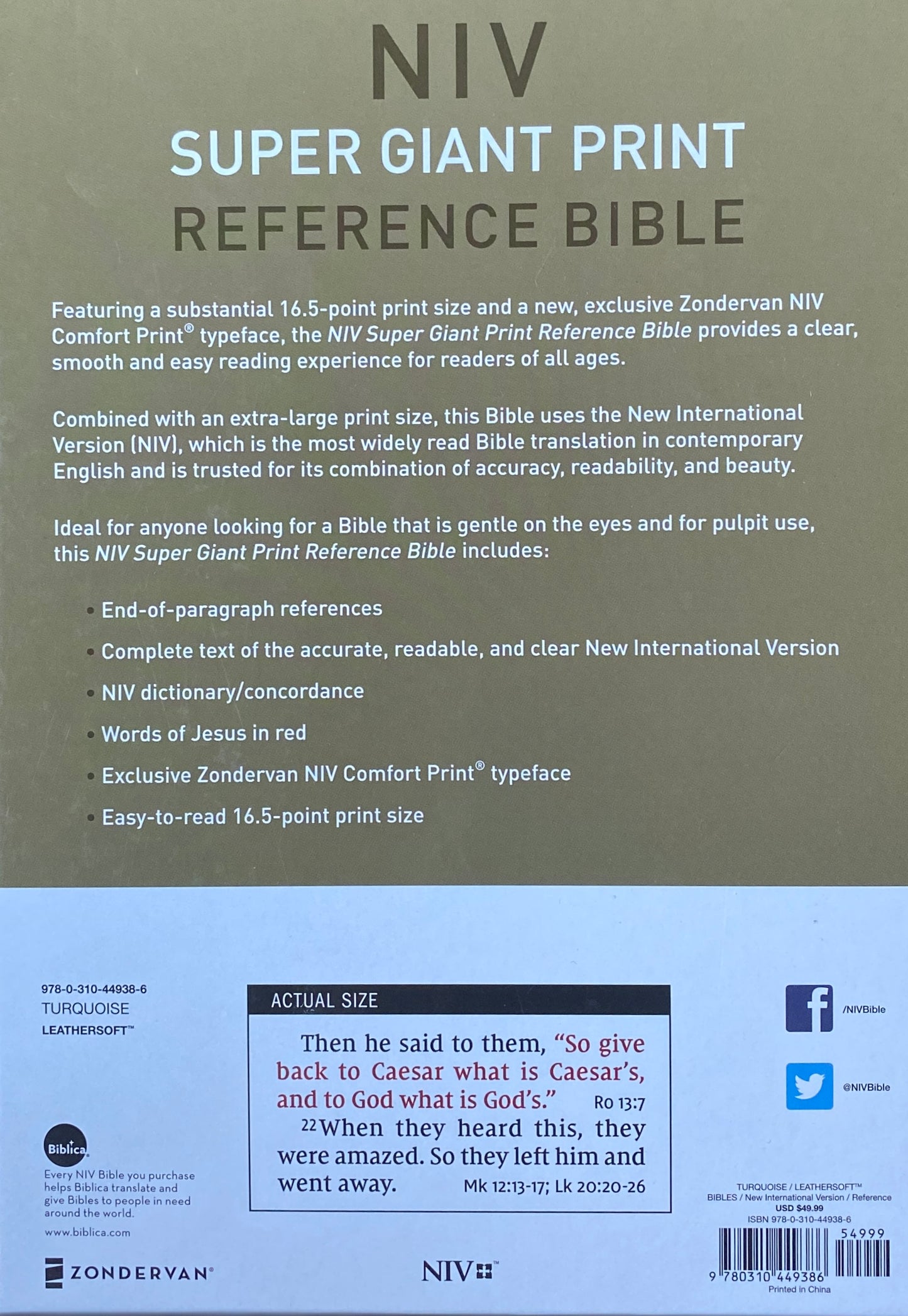 Large Print Bible by Zondervan, NIV Reference Edition, Leathersoft, Teal image 1