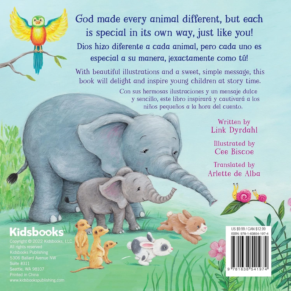 Back cover of a children's book titled 'God made every animal differentin spanish