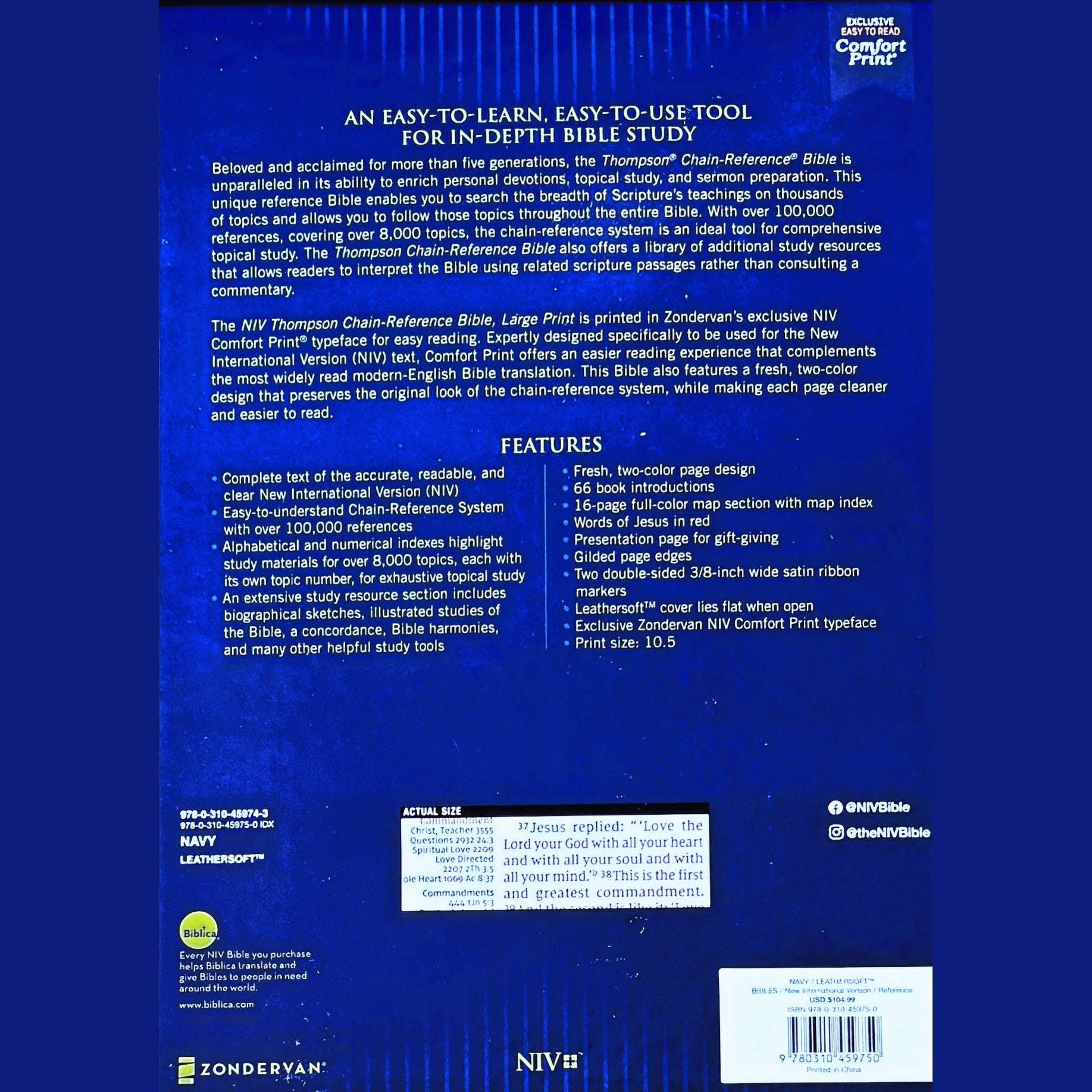 NIV, Thompson Chain-Reference Bible, Large Print, Leathersoft, Navy, Thumb Index image 1