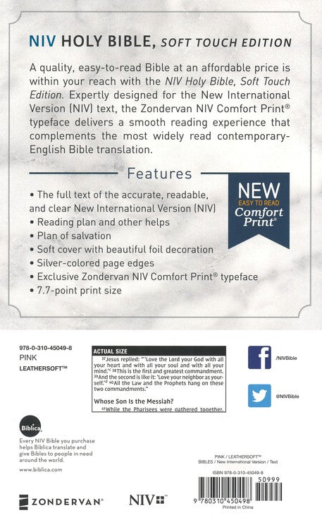 NIV, Holy Bible, Soft Touch Edition, Imitation Leather, Pink, Comfort Print image 1