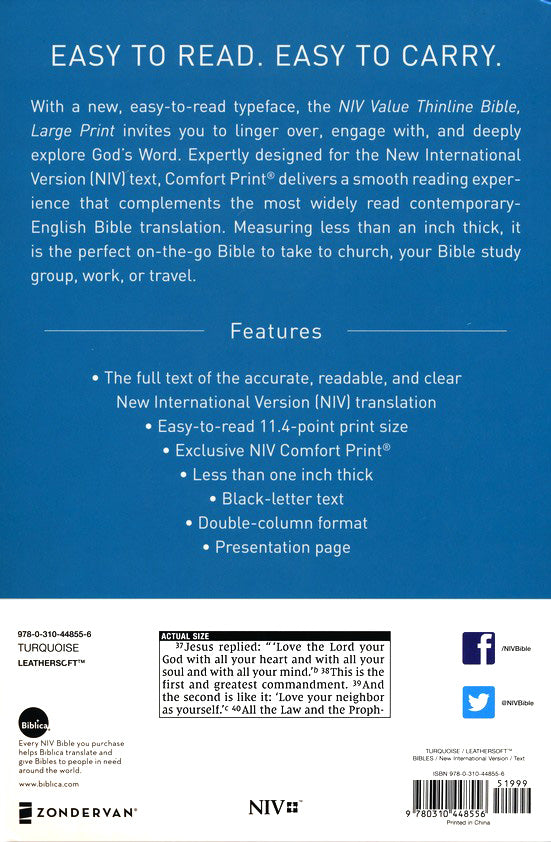 NIV Value Thinline Bible, Large Print, Leathersoft Teal, Comfort Print image 1