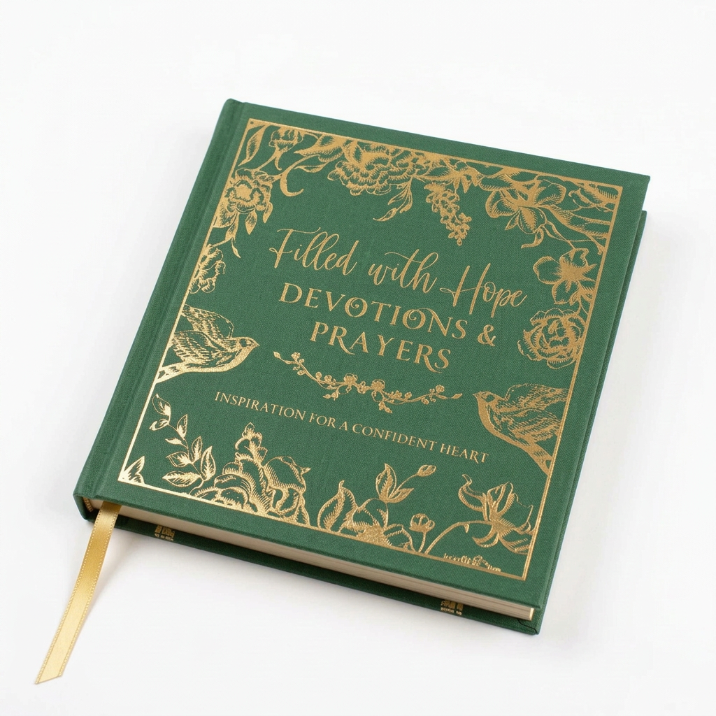 Green book titled 'Filled with Hope Devotions & Prayers' on a textured surface with flowers.